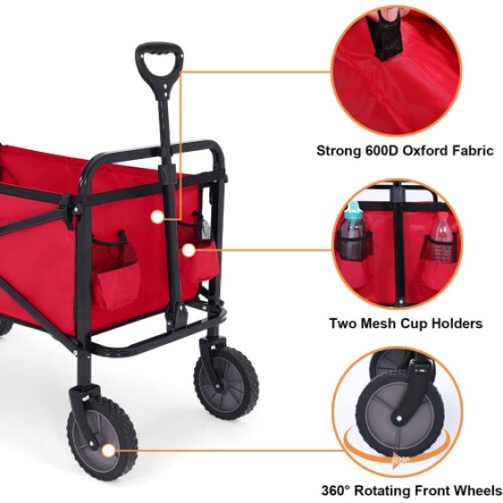 折りたたみ式ユーティリティワゴンカート（アウトドア、ガーデン、ショッピング、キャンプ用）、バーガンディ色、重荷対応、コンパクトデザイン